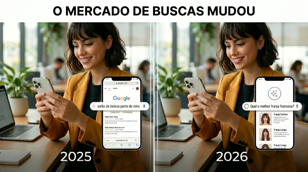 A mesma mulher antes (2025) e depois (2026) comparando as buscas. No lado esquerdo (2025), a busca tradicional no Google é 'salão de beleza perto de mim'. No lado direito (2026), a busca por inteligência artificial é 'melhores franjas francesas'