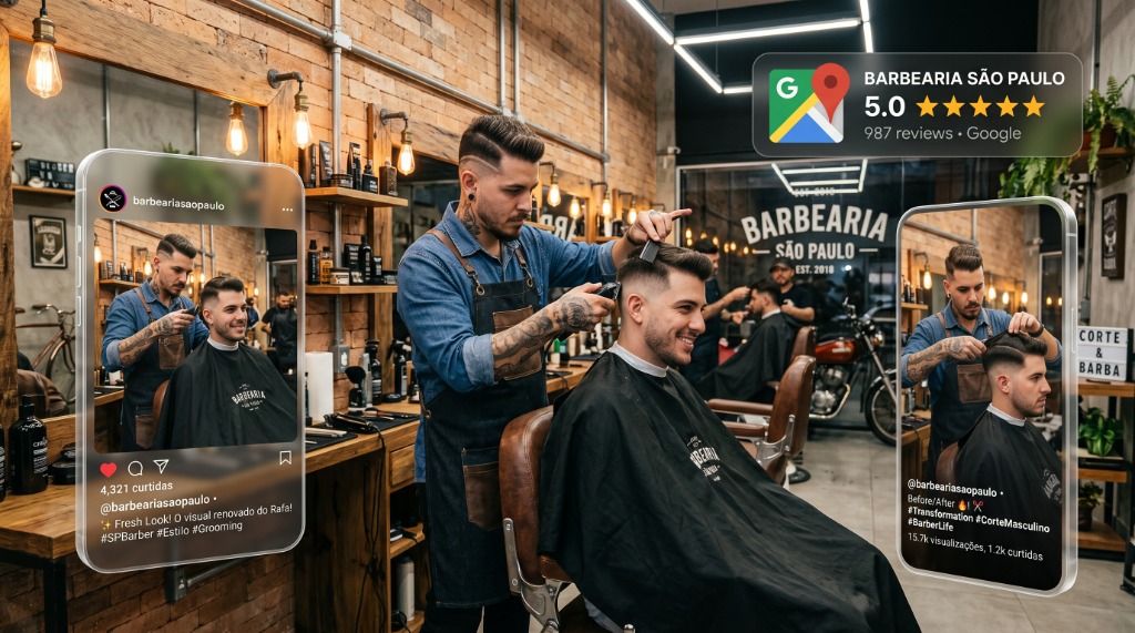 Profissional de barbearia executando corte em cliente em salão moderno com mapa de geolocalização e avaliação de cinco estrelas flutuando